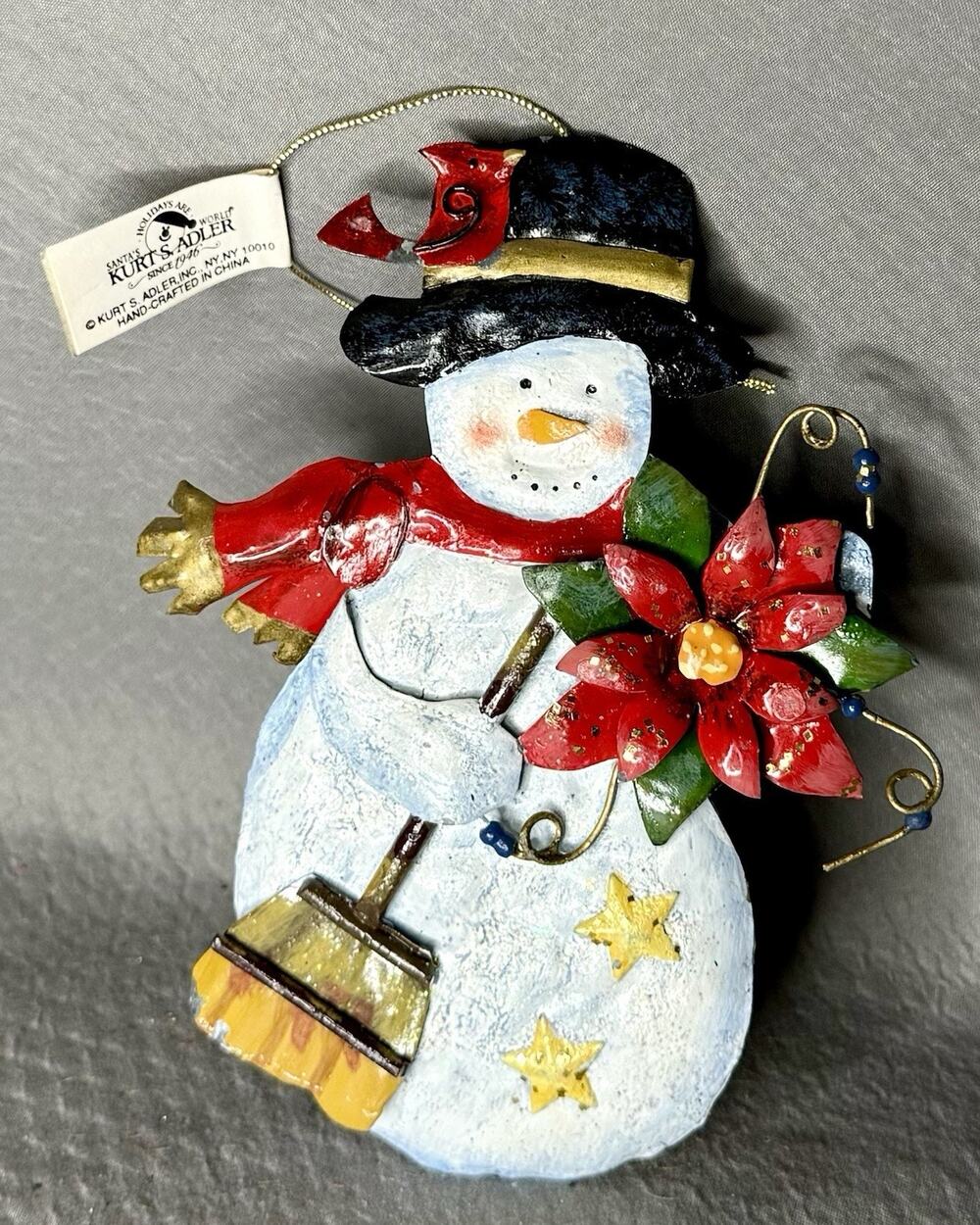 Kurt S. Adler Beaded Metallic 3D Snowman w/Top Hat Cardinal Poinsettia Broom Tag